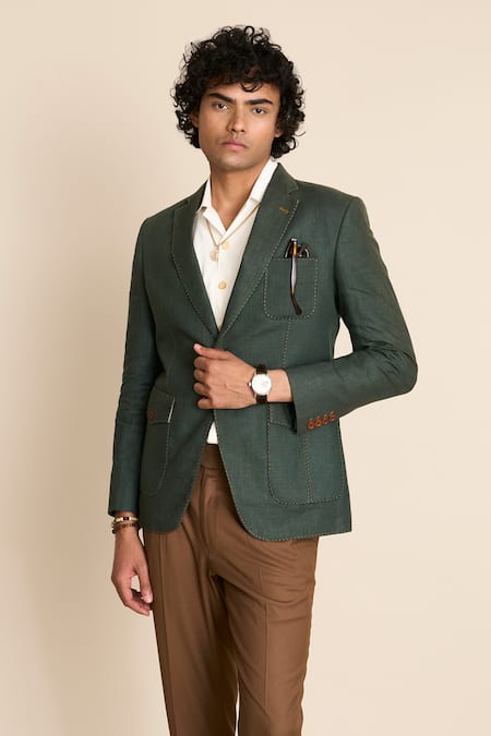 Shop_Gargee Designers_Green Linen Sartorial Single Breasted Blazer _Online_at_Aza_Fashions