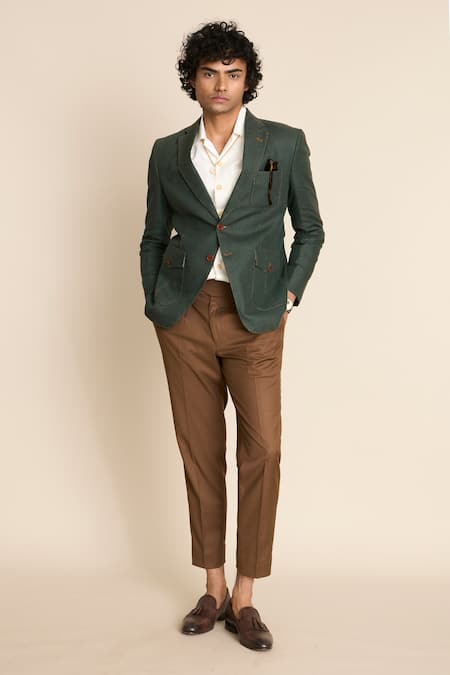 Gargee Designers_Green Linen Sartorial Single Breasted Blazer _at_Aza_Fashions