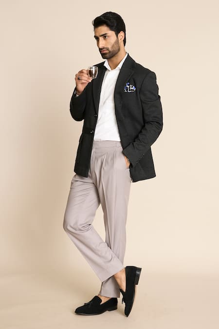 Shop_Gargee Designers_Grey Polyester, Viscose Single Breasted Melange Knit Blazer _Online_at_Aza_Fashions