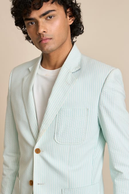 Gargee Designers_Green Cotton Striped Pattern Single Breasted Blazer_Online_at_Aza_Fashions