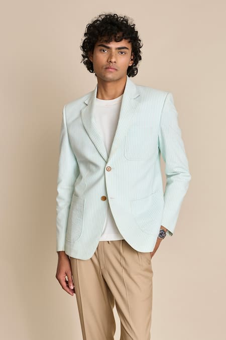 Buy_Gargee Designers_Green Cotton Striped Pattern Single Breasted Blazer_Online_at_Aza_Fashions