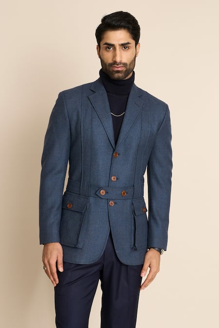 Gargee Designers_Blue Wool, Tweed Cargo Pocket Blazer _Online_at_Aza_Fashions