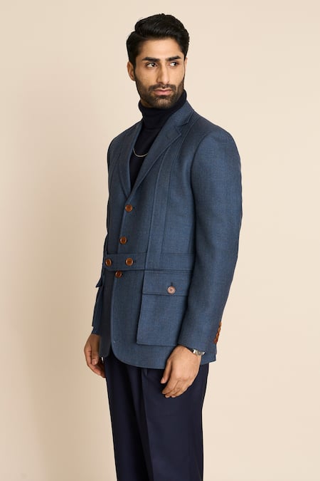 Buy_Gargee Designers_Blue Wool, Tweed Cargo Pocket Blazer _Online_at_Aza_Fashions