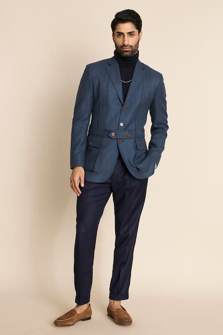 Gargee Designers_Blue Wool, Tweed Cargo Pocket Blazer _at_Aza_Fashions