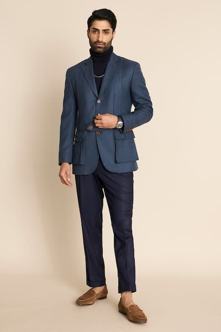 Buy_Gargee Designers_Blue Wool, Tweed Cargo Pocket Blazer 