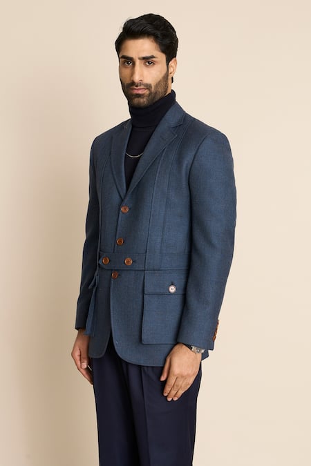 Shop_Gargee Designers_Blue Wool, Tweed Cargo Pocket Blazer 
