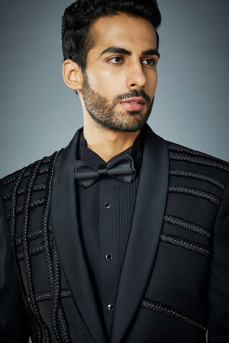 Gargee Designers_Black Polyester Stud Ruffle Tuxedo Set _Online_at_Aza_Fashions