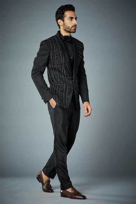 Buy_Gargee Designers_Black Polyester Stud Ruffle Tuxedo Set _Online_at_Aza_Fashions
