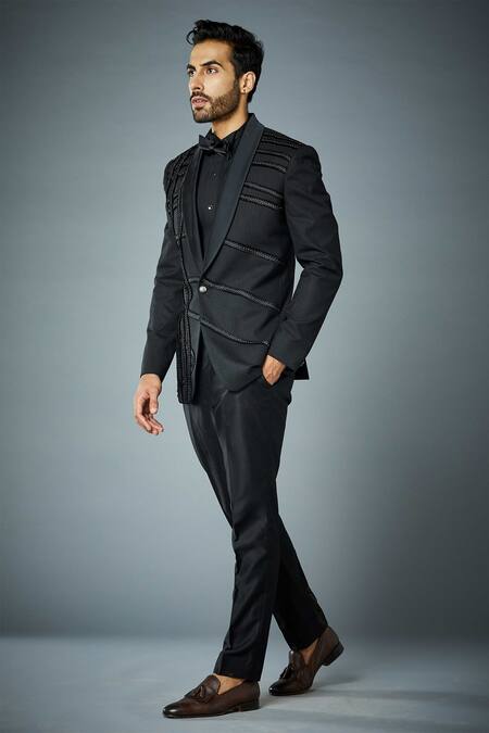 Shop_Gargee Designers_Black Polyester Stud Ruffle Tuxedo Set _Online_at_Aza_Fashions