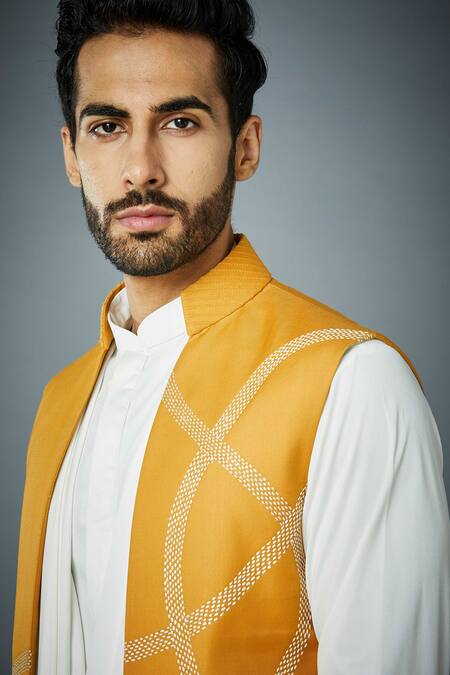 Gargee Designers_Yellow Polyester, Viscose, Lycra Mustard Bundi And White Draped Kurta Set _Online_at_Aza_Fashions