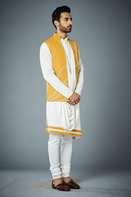 Buy_Gargee Designers_Yellow Polyester, Viscose, Lycra Mustard Bundi And White Draped Kurta Set _Online_at_Aza_Fashions