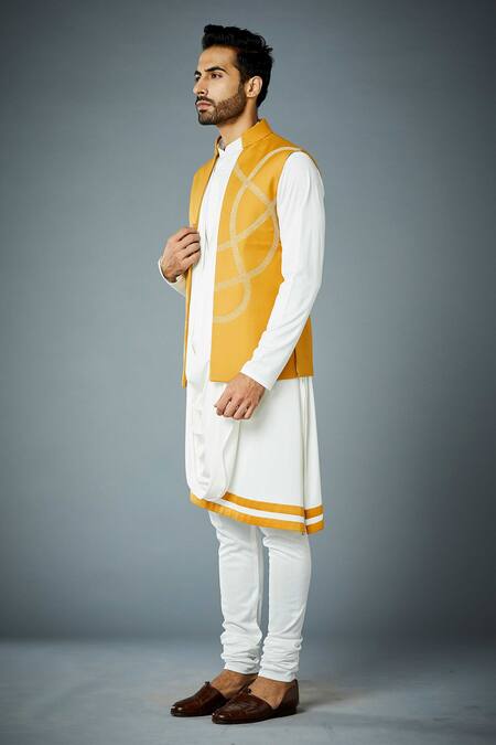Shop_Gargee Designers_Yellow Polyester, Viscose, Lycra Mustard Bundi And White Draped Kurta Set _Online_at_Aza_Fashions