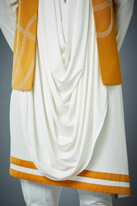 Gargee Designers Yellow Polyester, Viscose, Lycra Mustard Bundi And White Draped Kurta Set at Aza Fashions Gargee Designers_Yellow Polyester, Viscose, Lycra Mustard Bundi And White Draped Kurta Set _at_Aza_Fashions