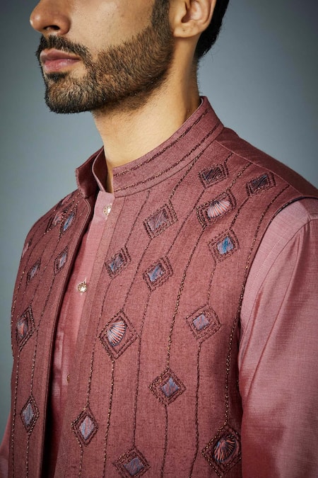 Gargee Designers_Coral Silk, Cotton Embroidery Shell Bundi And Kurta Set _Online_at_Aza_Fashions