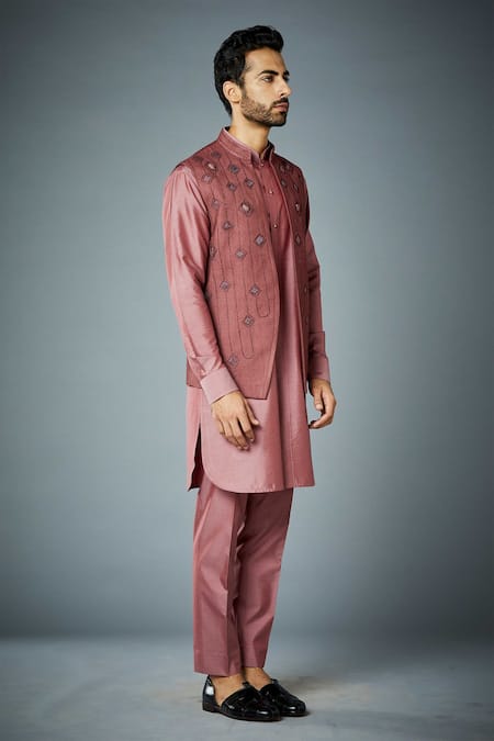 Buy_Gargee Designers_Coral Silk, Cotton Embroidery Shell Bundi And Kurta Set _Online_at_Aza_Fashions