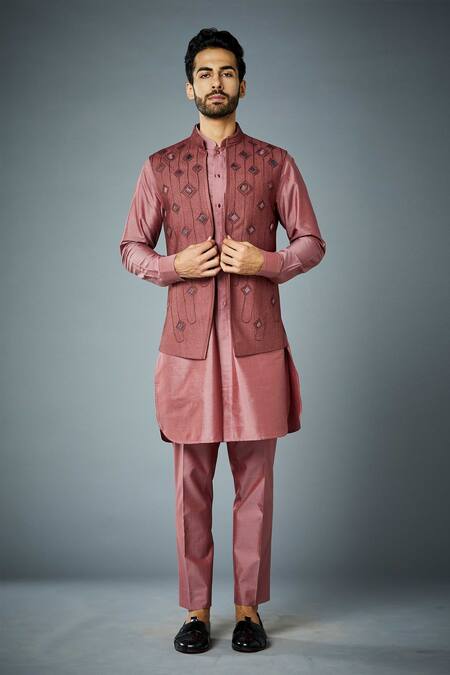 Shop_Gargee Designers_Coral Silk, Cotton Embroidery Shell Bundi And Kurta Set _Online_at_Aza_Fashions