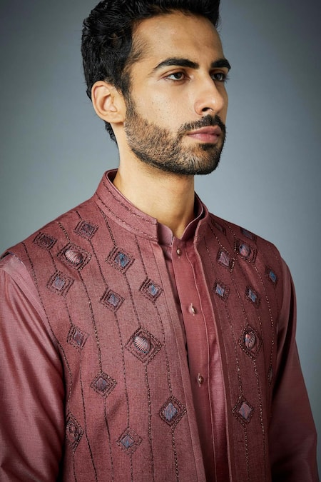 Gargee Designers_Coral Silk, Cotton Embroidery Shell Bundi And Kurta Set _at_Aza_Fashions