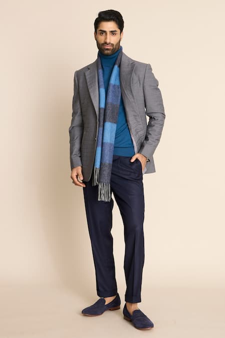 Gargee Designers_Grey Polyester, Viscose Embroidery Quilted Notch Lapel Blazer _Online_at_Aza_Fashions