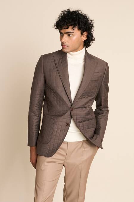 Gargee Designers_Brown Polyester, Viscose Quilted Blazer _at_Aza_Fashions