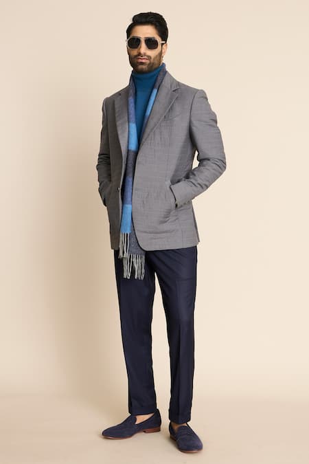 Gargee Designers_Grey Polyester, Viscose Embroidery Quilted Notch Lapel Blazer _at_Aza_Fashions