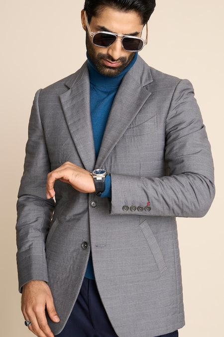 Buy_Gargee Designers_Grey Polyester, Viscose Embroidery Quilted Notch Lapel Blazer 