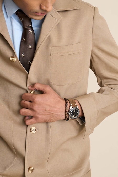 Gargee Designers_Beige Polyester, Viscose Knit Shacket Top _Online_at_Aza_Fashions