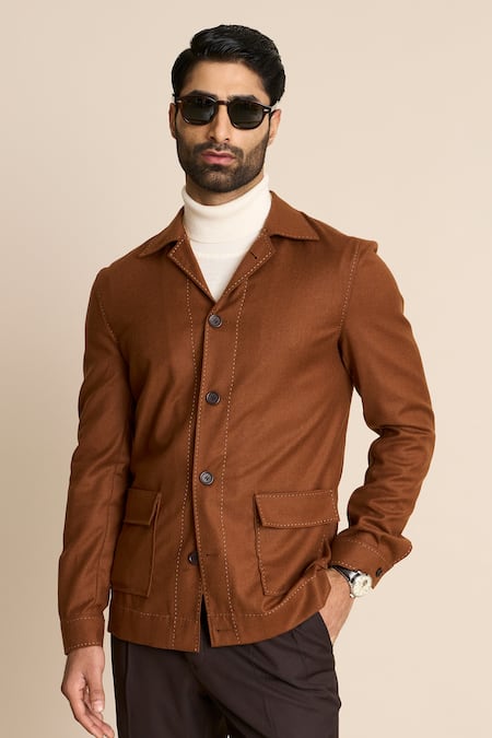 Gargee Designers_Brown Wool, Flannel Shacket Top _Online_at_Aza_Fashions