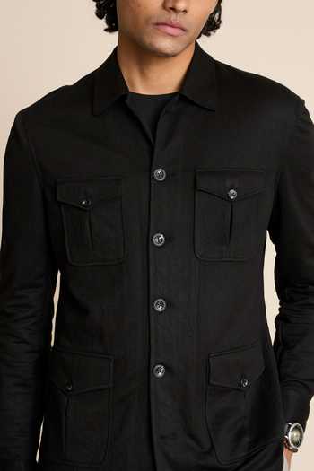 Gargee Designers_Black Polyester, Viscose Patch Pocket Shacket Top_Online_at_Aza_Fashions