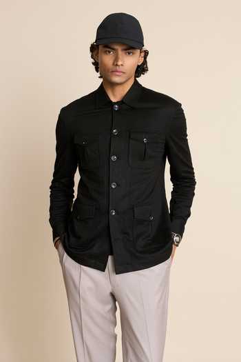Shop_Gargee Designers_Black Polyester, Viscose Patch Pocket Shacket Top_Online_at_Aza_Fashions