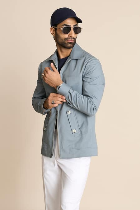 Buy_Gargee Designers_Grey Cotton Zip Front Shacket _Online_at_Aza_Fashions