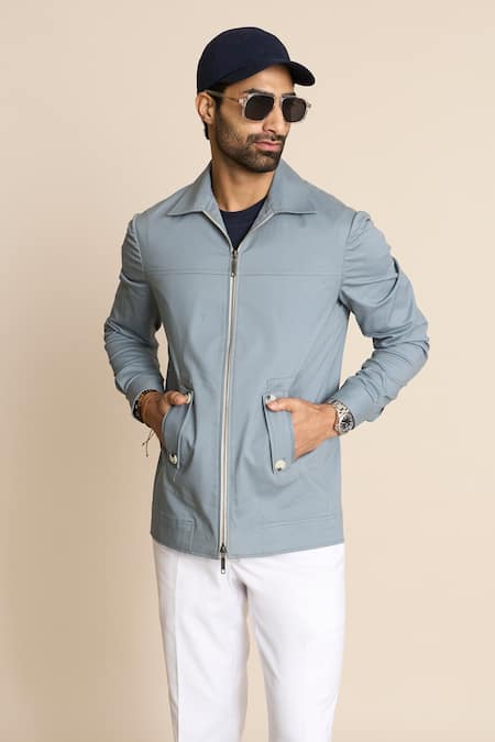 Shop_Gargee Designers_Grey Cotton Zip Front Shacket _Online_at_Aza_Fashions