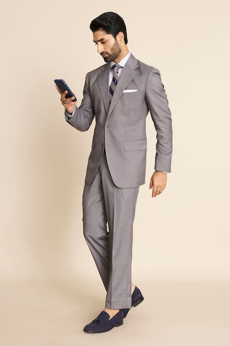 Gargee Designers_Grey Polyester, Viscose Notch Lapel Blazer And Pant Set _at_Aza_Fashions