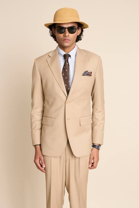 Gargee Designers_Beige Polyester, Viscose Notch Lapel Suit Set _Online_at_Aza_Fashions