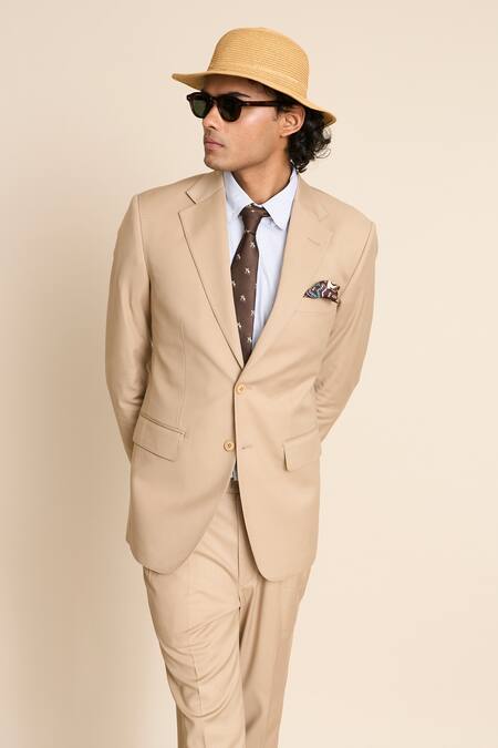Shop_Gargee Designers_Beige Polyester, Viscose Notch Lapel Suit Set _Online_at_Aza_Fashions