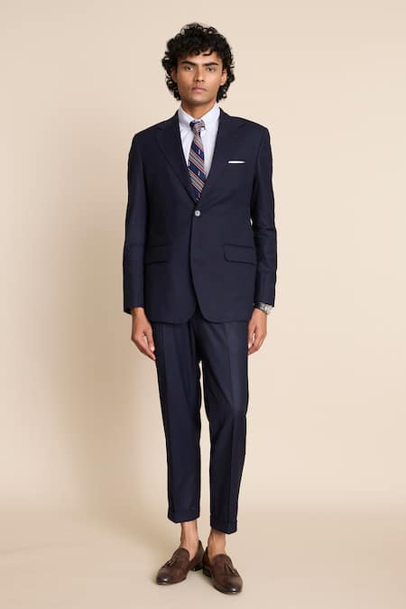 Gargee Designers_Blue Polyester, Viscose Notch Lapel Blazer Set _at_Aza_Fashions
