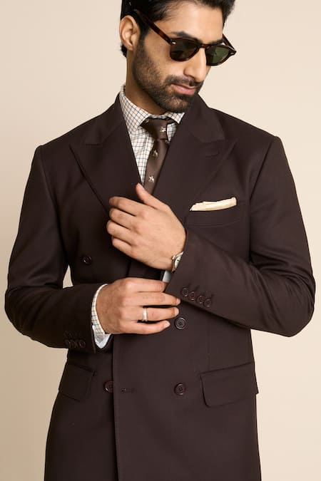 Gargee Designers_Brown Polyester, Viscose Double Breasted Suit Set _Online_at_Aza_Fashions