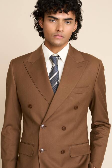 Gargee Designers_Brown Polyester, Viscose Double Breasted Blazer Set _Online_at_Aza_Fashions