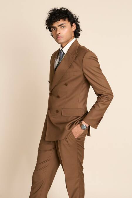 Buy_Gargee Designers_Brown Polyester, Viscose Double Breasted Blazer Set _Online_at_Aza_Fashions