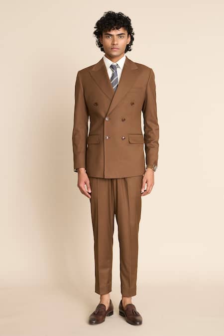 Gargee Designers_Brown Polyester, Viscose Double Breasted Blazer Set _at_Aza_Fashions