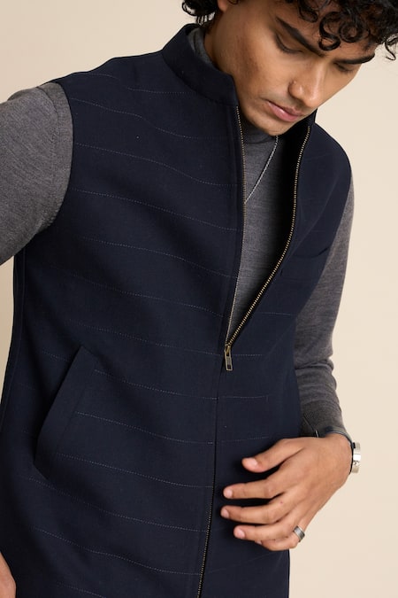 Gargee Designers_Blue Wool Flannel Vest _Online_at_Aza_Fashions