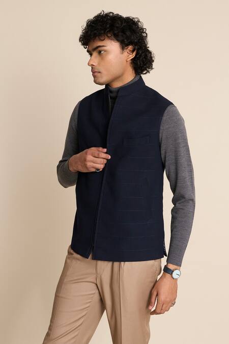 Buy_Gargee Designers_Blue Wool Flannel Vest _Online_at_Aza_Fashions