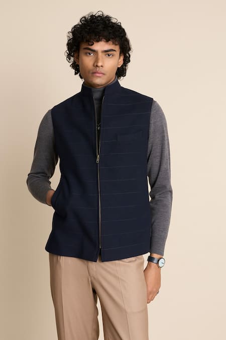 Shop_Gargee Designers_Blue Wool Flannel Vest _Online_at_Aza_Fashions