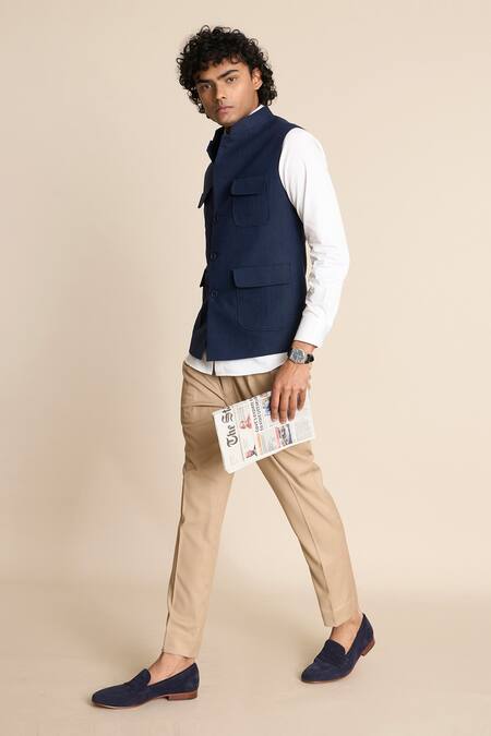 Buy_Gargee Designers_Blue Linen Bundi With Patch Pockets _Online_at_Aza_Fashions