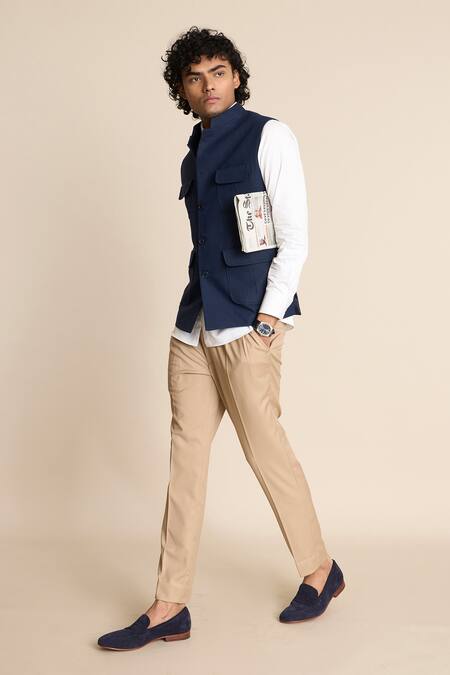 Shop_Gargee Designers_Blue Linen Bundi With Patch Pockets _Online_at_Aza_Fashions