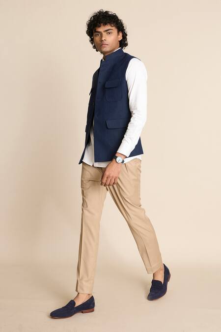 Gargee Designers_Blue Linen Bundi With Patch Pockets _at_Aza_Fashions