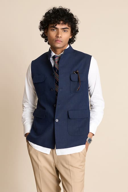 Buy_Gargee Designers_Blue Linen Bundi With Patch Pockets 