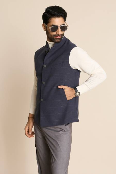 Shop_Gargee Designers_Gray Wool Stitchline Detail Sleeveless Bundi _Online_at_Aza_Fashions