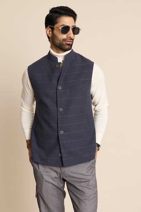 Gargee Designers_Gray Wool Stitchline Detail Sleeveless Bundi _at_Aza_Fashions