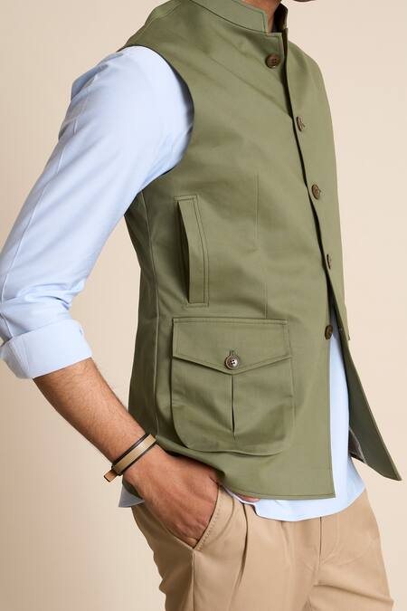 Gargee Designers_Green Cotton Button Front Bundi _Online_at_Aza_Fashions