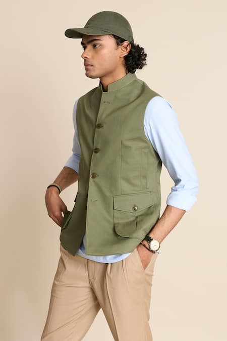 Buy_Gargee Designers_Green Cotton Button Front Bundi _Online_at_Aza_Fashions